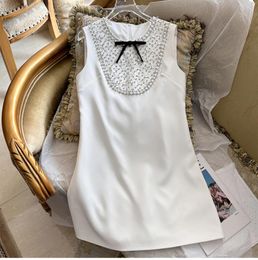 Casual Dresses 24 Summer Heavy Industry Diamond French Bow White Sleeveless Miu Style Dress For Party