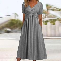 Casual Dresses Summer Midi Dress Elegant Pleated V Neck With Pockets For Women A-line Silhouette Soft Breathable Fabric Dating