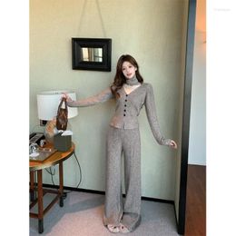 Women's Two Piece Pants Sweet Girl Casual Suit Winter Solid Colour V-neck Single Breasted Sweater Elastic Waist Wide Leg Two-piece Set