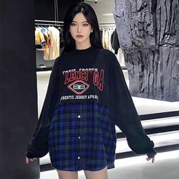 Designer t shirt High Edition Family Embroidery Large Panel Plaid Fabric Contrast Mesh Red Matching Long Sleeve T-Shirt