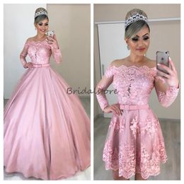 Blush Pink puffy prom dresses with detachable skirts illusion lace long sleeves formal evening gowns elegant quinceanera 6446050