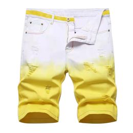 Summer Men Denim Shorts Fashion Fancy Gradient Colour Jeans High Quality Elastic Ripped Slim Fit Straight 240328
