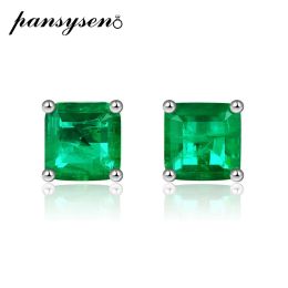 Charm Pansysen Vintage 100% Real Sterling Sier 7mm Emerald Gemstone Stud Earrings for Women Anniversary Party White Gold Earring