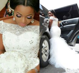 Dresses Arabic Nigerian Plus Size Wedding Dresses Beading Tiered Short Sleeves Long Chapel Train Mermaid Bridal Gowns Custom Wedding Party