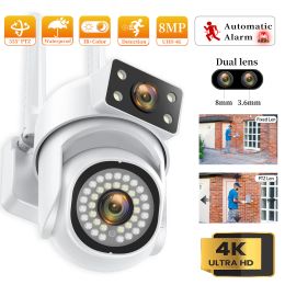 Cameras 8MP WiFi Surveillance Cameras PTZ Dual Lens Dual Screen Security Outdoor Full Color Night Vision Waterproof Camera Human Detect
