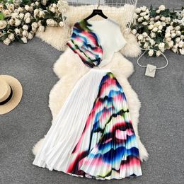 Work Dresses Fashion Stripe Gradient Print Two Piece Set Women Short Sleeve Turtleneck Stretchy Top Long Pleated Skirt Suits Female Outfits