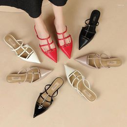 Slippers 2024 Spring/Summer High Ding Metal Rivet Pointed Flat Shoes For Women's Summer Shallow Mouth Baotou Half Outer