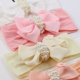 20pc/lot Princess Baby Satin Ribbon Bow Nylon Headband With Pearl Center Infant Solid Hair Bow Headband for Kid Girls Headwear 240325