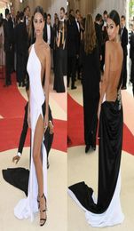 Sexy Met Gala Celebrity Evening Dresses One Shoulder High Split Tulle Elastic Satin Black White Long Prom Dresses Tan See Through 9386240