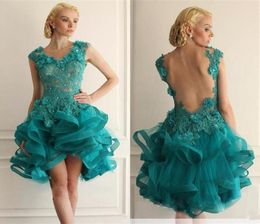 2017 New Emerald Green Short Prom Dresses Appliques Lace Tiered Organza High Low Cheap Backless Prom Dress Formal Party Gowns Cust9767132