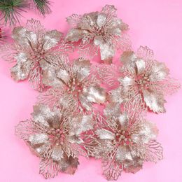 Decorative Flowers Hollow Simulation Christmas Tree Hanging Pendant Artificial Ornament Glitter Poinsettia Green Garland