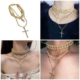 Choker Trendy Gothic Pearls Beaded Necklace Exquisite Crosses Pendant Neckchains With Intricate Details For Daily Wear Dates