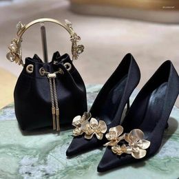 Dress Shoes Gold Flower Women Black Satin Slip On Shallow Pointed Toe Cover Heels Business Work Club Party 9cm