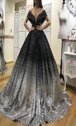 Bling Bling Prom Dresses off the Shoulder Sequins Black and Sliver Ball Gown Floor Length Puffy Evening Dresses6122887