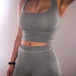 Casual Sporty Ribbed Women Matching Sets Sleeveless Workout Active Wear 2 Piece Outfits Fitness Tank Top and Shorts Set8407193