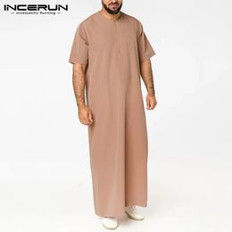 INCERUN Mens Solid Color Robes Saudi Style Zipper Jubba Thobe Man Vintage Short Sleeve O Neck Muslim Arabic Islamic Clothing 5XL 240328