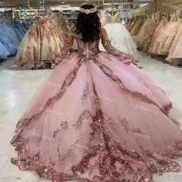 Dresses Princess Sequined Sweet 16 Quinceanera Dresses Dusty Pink Ball Gown Glitter Long Sleeve Prom Dress Girls 15 Birthday Party Skirt G