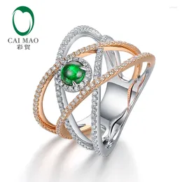 Cluster Rings Caimao 0.45ct Natural Cabochon Emerald 14kt Two Tone Gold Full Cut Diamond Engagement Ring For Unisex