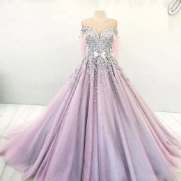 Dresses Romantic Dubai Princess Ball Gown Wedding Dresses Sheer Jewel Neck Bow Beaded Lace Applique Engagement Dress Light Purple Tulle Br