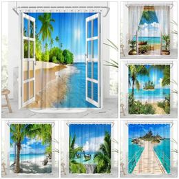 Shower Curtains Seaside Landscape Outdoor Curtain Ocean Beach Tropical Plants Nature Faux Window Hanging Bathroom Decor