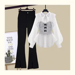 Women's Two Piece Pants Korean Fashion Spring Outfit Slim Strap Top Bubble Sleeve Waist Shirt Black Micro Flare Three-Piece Set Trendy