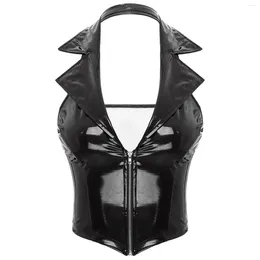 Women's Tanks Wetlook Latex Halter PU Leather Camisole Tops Glossy Patent Vest Notch Lapel Deep V Neck Front Zipper Slim Fit Waistcoat