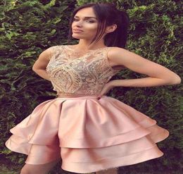 Short Blush Pink Two Piece Homecoming Dresses A Line Sleeveless Backless Mini Cocktail Dress Prom Party Gowns Custom Lace3205150