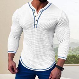 Men's Hoodies Men Button-down Collar T-shirt Slim Fit Long Sleeve Waffle Texture Henley Shirt Casual Mid Length Pullover Top For