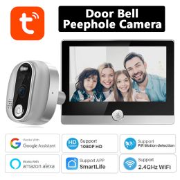 Doorbell Tuya Digital Door Viewer 1080P 2.4G WiFi Door Bell Peephole Camera 4.3inch IPS PIR Motion Detection 5000mAh Remote Intercom