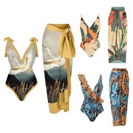 Women's Swimwear Women Monokini Printed Strap Backless Two Piece Bikinis Cover Up Swimsuit Vintage Pool Wearing Lady Beach Wear
