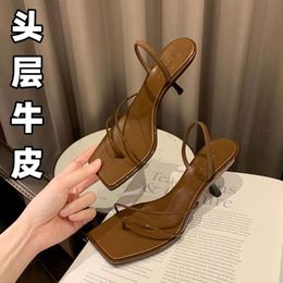 The Row Sandals Womens Summer Mid Heel Cat Heel French Small and Popular Thin Heel Square Head Genuine Leather Style Pinch Toe Sandals Slippers