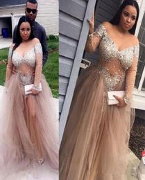 Champagne Crystal Beaded Long Sleeve Evening Formal Dresses Sheer Neck Plus Size Off Shoulder Full length Occasion Prom Gowns2116760