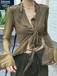 Irregular Ruffles Y2K Blouses Women Summer Flare Sleeve Bandage Crop Top Ladies Elegant Chic sweet See Through Slim Blouses 240327