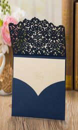 Gorgeous Navy Blue Laser Cut Wedding Invitations Customizable Hollow Flower Pocket Wedding Invitation Cards with Envelopes9743570