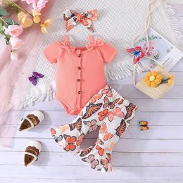 Clothing Sets Infant Girl Bell Bottom Outfit Short Sleeve Button Romper Ribbed Off Shoulder Bodysuit Ruffle Flare Pants Headbands