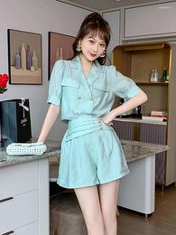 Women's Tracksuits 2024 Summer Sweet Casual 2 Piece Pants Set Women Green Notched Collar Double Breasted Shirt High Waist Shorts Sets Office