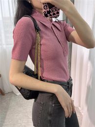 Women's T Shirts Chic Little Shirt! 2024 Spring Slim French Temperament Sweet Pink Polo Collar Sweater T-shirt