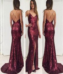 Sparkly Split Mermaid Prom Dresses Burgundy Sexy Criss Cross Straps Backless Formal Dresses Celebrity Gown Glamorous Sequins Eveni4279278