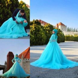 Dresses 2017 Hijab Wedding Dresses Arabic Blue Tulle Lace Crystal Bridal Gowns A Line Sweep Train Long Sleeve Muslim Wedding Dresses Custo