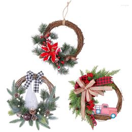 Decorative Flowers 14in Christmas Pinecones Wreath Bowknot Rattan Artificial Front Door Ornaments Xmas Party Hanging Decor