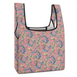 Shopping Bags Color Blocked Tote Folding Bag Double Strap Handbag Retro Pink Print Casual Woman Grocery Custom Pattern
