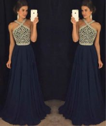 Dresses Modest Halter Navy Blue Evening Dresses Chiffon Beaded Crystal Arabia Vestidos De Festa Long Party Dress Prom Formal Pageant Celeb