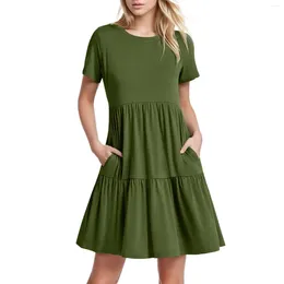 Casual Dresses Vestidos Women's Solid Color Short Sleeve Loose Ruffled Summer Beach T Shirt Dress With Pockets