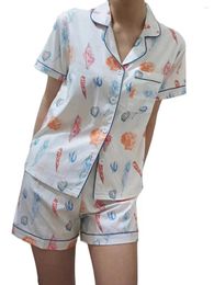 Home Clothing Women Shell Print Pyjama Set Short Sleeve Button Closure Lapel Shirt With Shorts Summer Outfits Sleepwear Leisure Loungewear