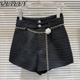 Women's Shorts 2024 Spring Flower Metal Waist Chain Tweed For Women Fashion Elegant Socialite Black Woolen Female Short Pants