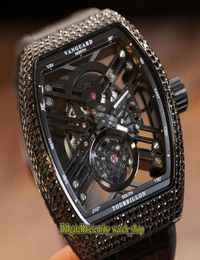 version New Saratoge Vanguard V 45 T SQT NR Skeleton Dial Miyota Automatic Mens Watch Black Diamonds Case Leather Band Iced O8805051