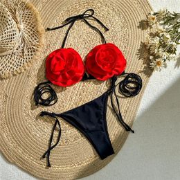 Sexy 3D Flower Floral String Halter Micro Thong Bikinis Set Swimsuit Women Swimwear Swimming Wear Bathing Suit Bikini Mujer 240322