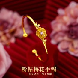 Bangles Fine Jewellery Real 18K Gold Twisted Chain Bracelet Solid Pink Diamond Flower Wedding Gift for Women
