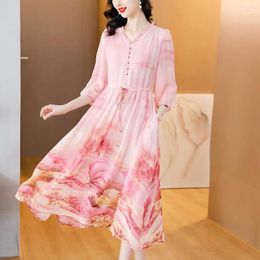 Casual Dresses Spring 2024 Women's 3/4 Sleeves Printed Silk Dress Large Loose Waist Over Knee Flower Party Vestidos