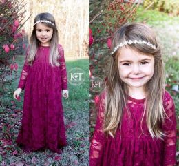 Dresses 2017 Lovley Vintage Wine Red Long Flower Girls' Dresses Girl's Pageant Dresses Lace Long Sleeves Boho Formal Dresses For Little Gi